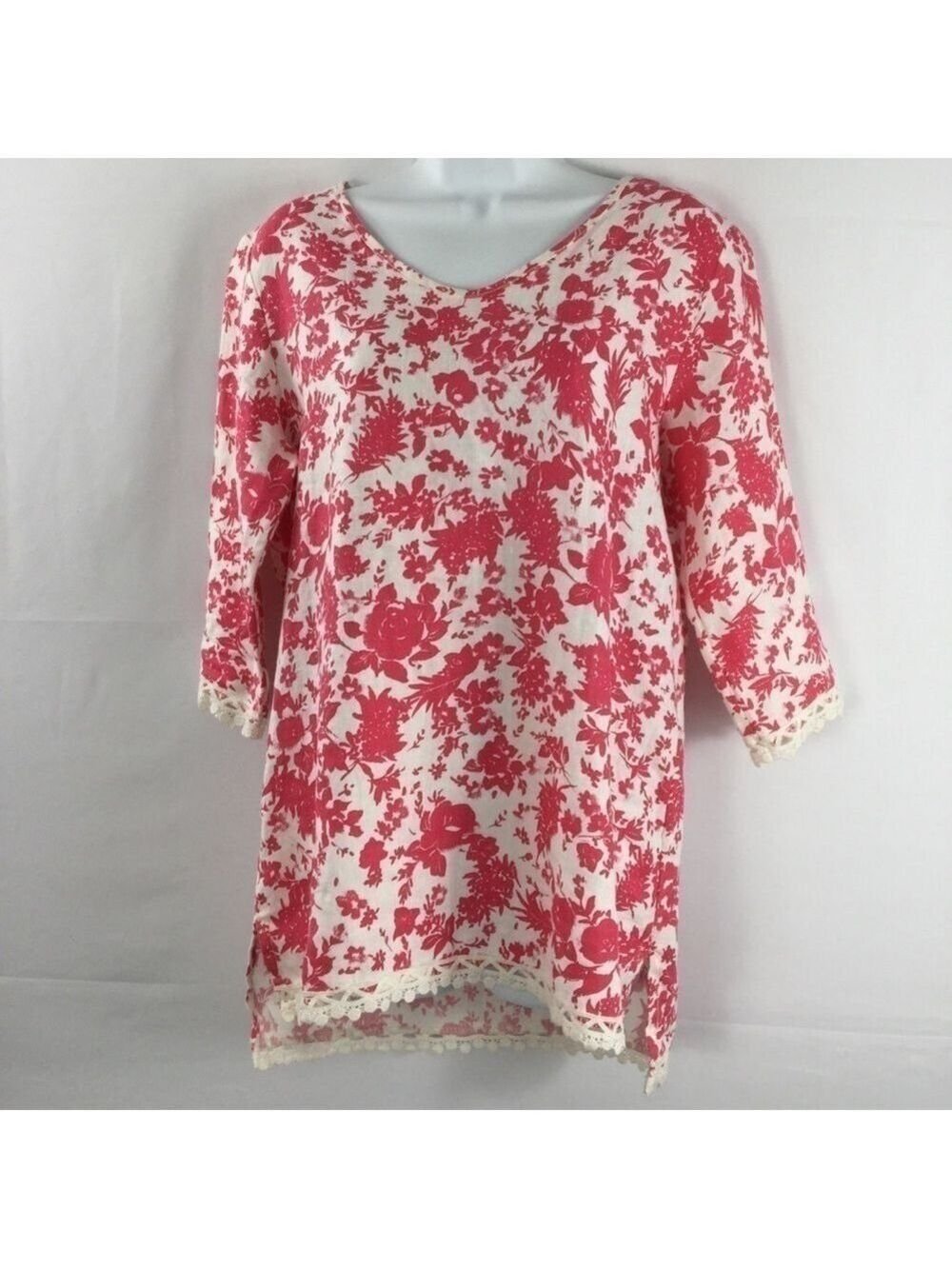 ELENA Baldi Pink And White Floral Print Linen Tunic Top Size M Made In Italy